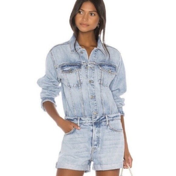 GRLFRND Renata Romper Denim Western Country Farmhouse Chic Blue Shorts XS NWOT - Picture 1 of 15